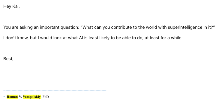 Email response from Roman Yampolskiy